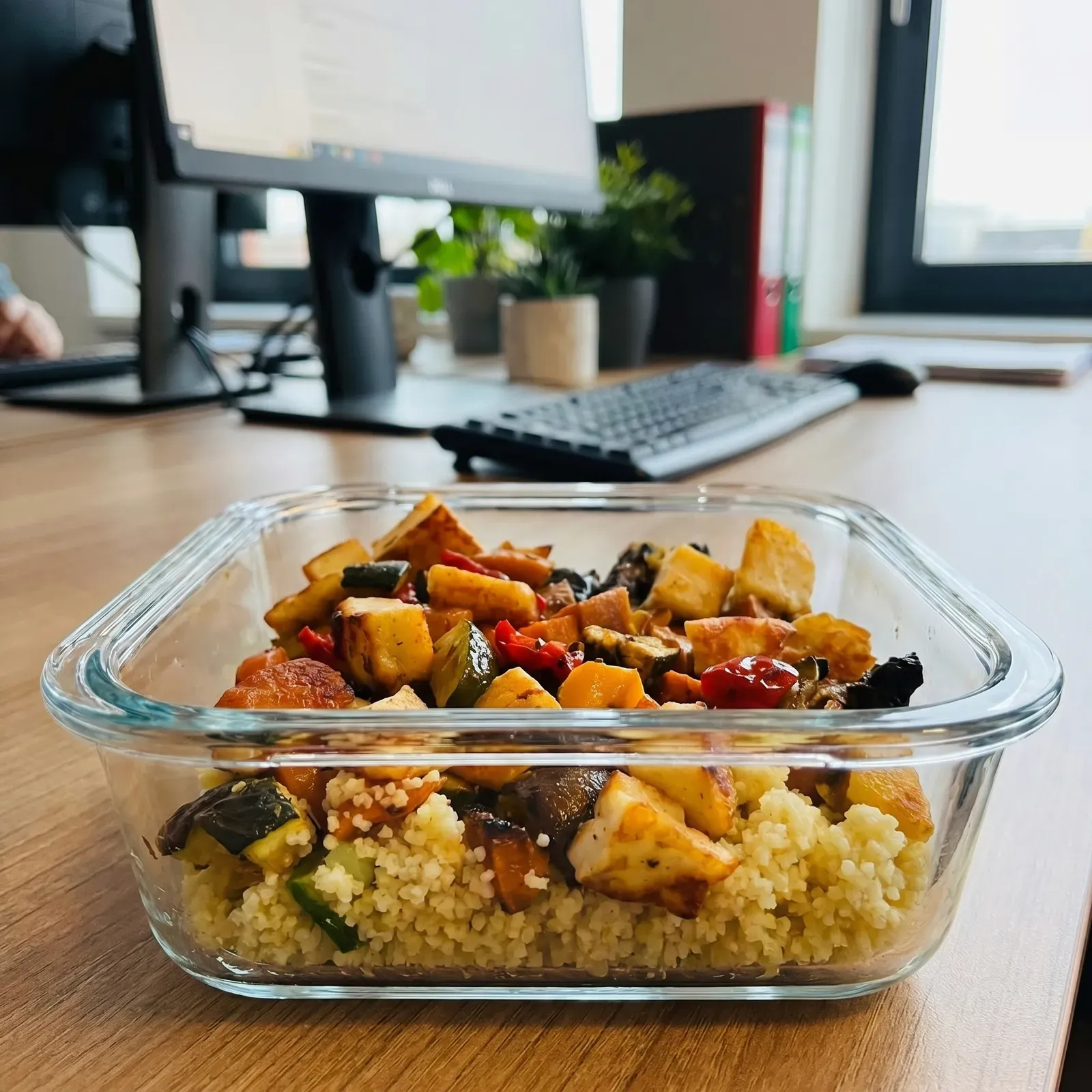 Vorgekochtes Mittagessen in einer Glasbox am hellen Arbeitsplatz: Couscous mit Ofengemüse und Halloumi